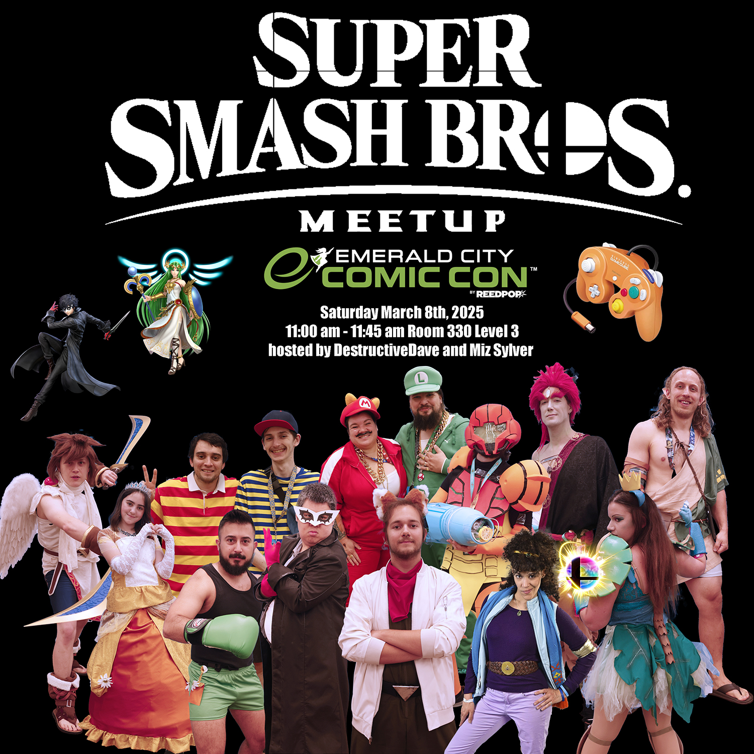 Super Smash
                            Bros. Meetup with Palutena and Joker icons,
                            a Spice Gamecube controller, and a HUGE
                            group of amazing cosplayers