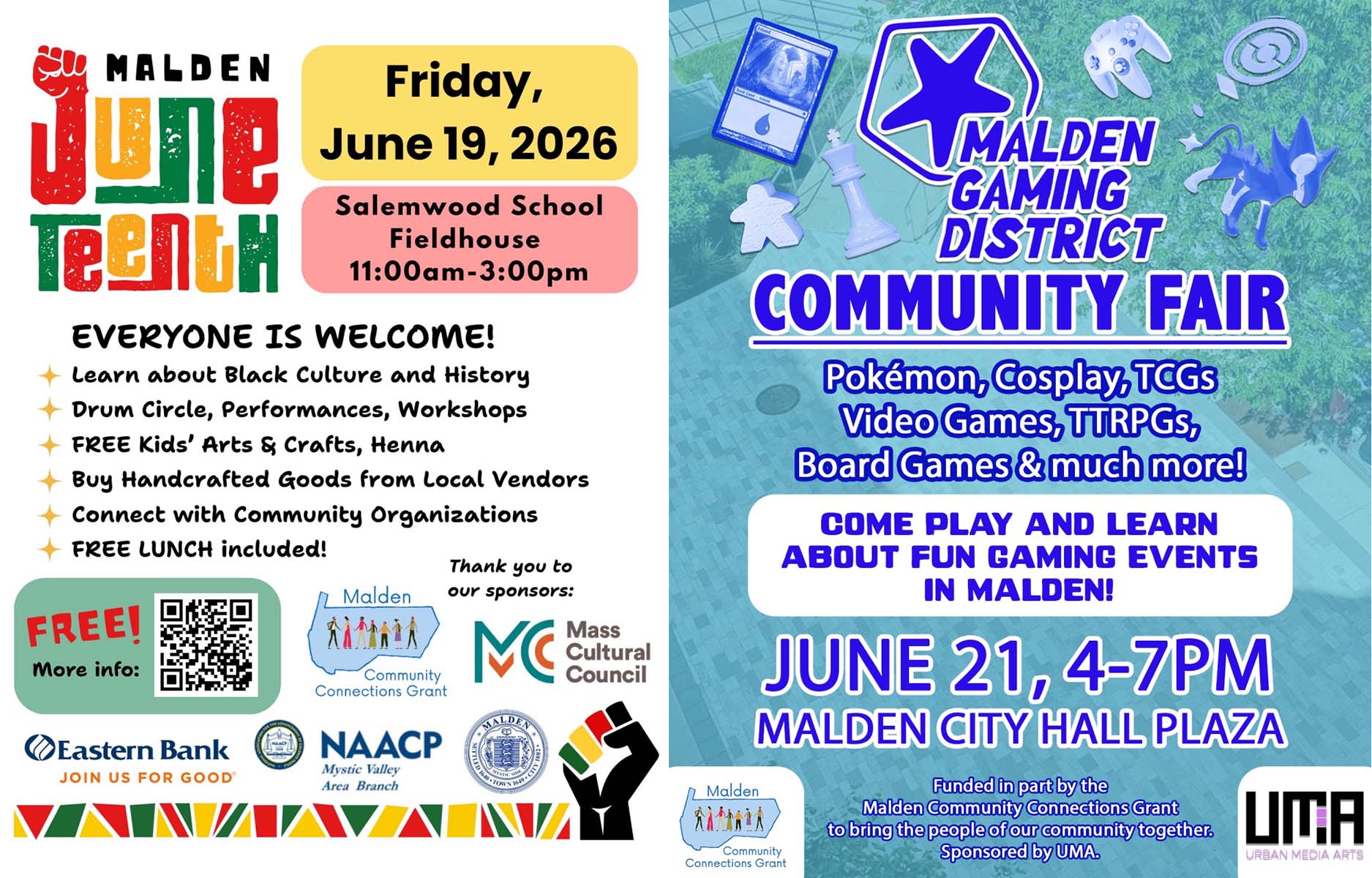 Juneteennth & Malden Gaming
                            District Faire flyers