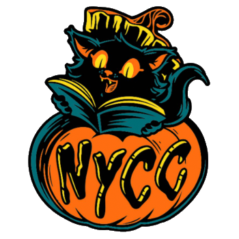 Black Cat reading
a book inside an orange "NYCC"
pumpkin